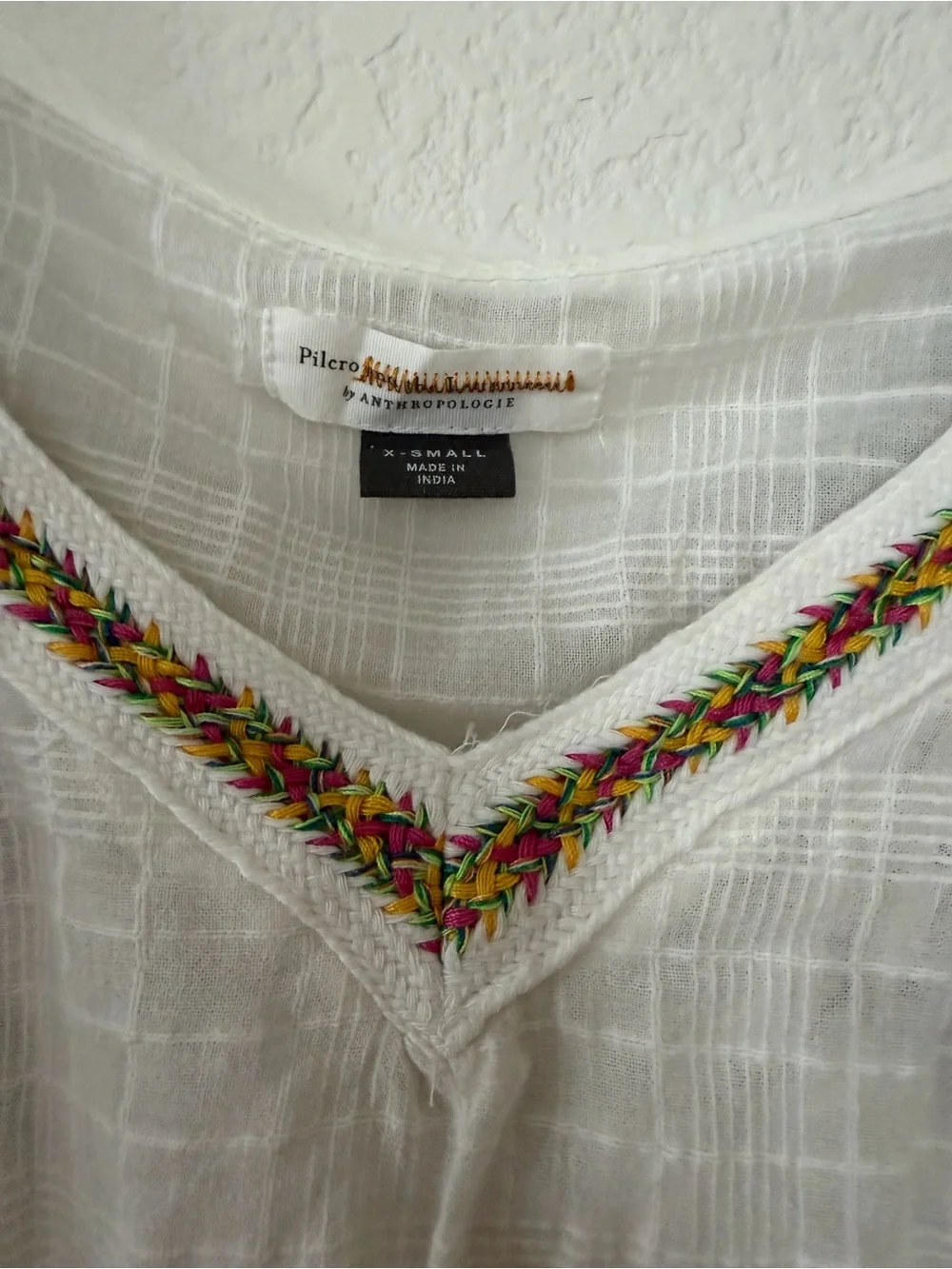 Anthropologie White Gauze Peasant Tunic with Pink & Yellow Floral Embroidery